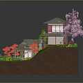 Ancient Traditional Garden With Japanese Style Houses Pond Stone Bridge Cherry Blossom Tree And Greenery