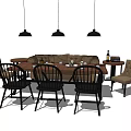 Wooden Dining Table Set With Black And Beige Chairs Three Pendant Lights Tableware Wine Bottle