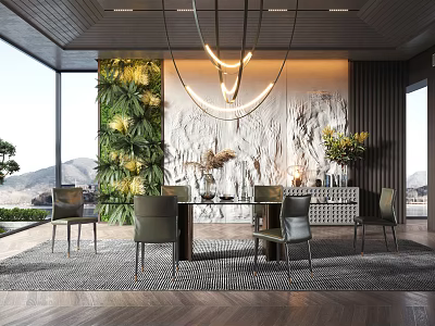 Modern Restaurant Interior Featuring Living Plant Wall Textured Wall Chandelier Dining Table And Mountain View 3d model