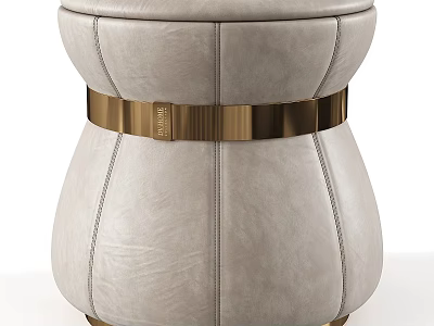 Elegant Light Gray Leather Sofa Stool With Golden Metallic Band And Stitched Details 3d model
