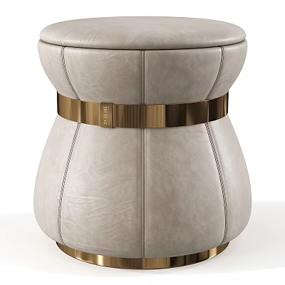 Elegant Light Gray Leather Sofa Stool With Golden Metallic Band And Stitched Details 3d model
