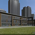 Modern School Building With Large Glass Windows Wooden Facade And Lawn Area For Children Playing