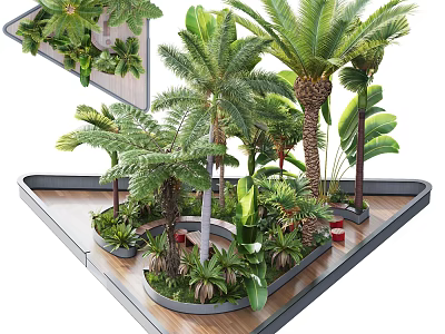 Diverse Tropical Plant Combination Featuring Palm Trees And Large Leaf Greenery In Decorative Planters 3d model