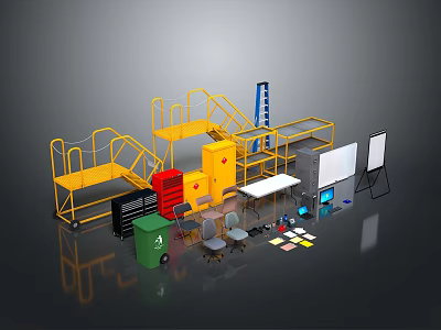 Work Area Setup With Yellow Metal Frames Red Lockers Green Trash Bin And Office Supplies 3d model