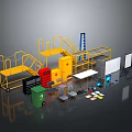 Work Area Setup With Yellow Metal Frames Red Lockers Green Trash Bin And Office Supplies