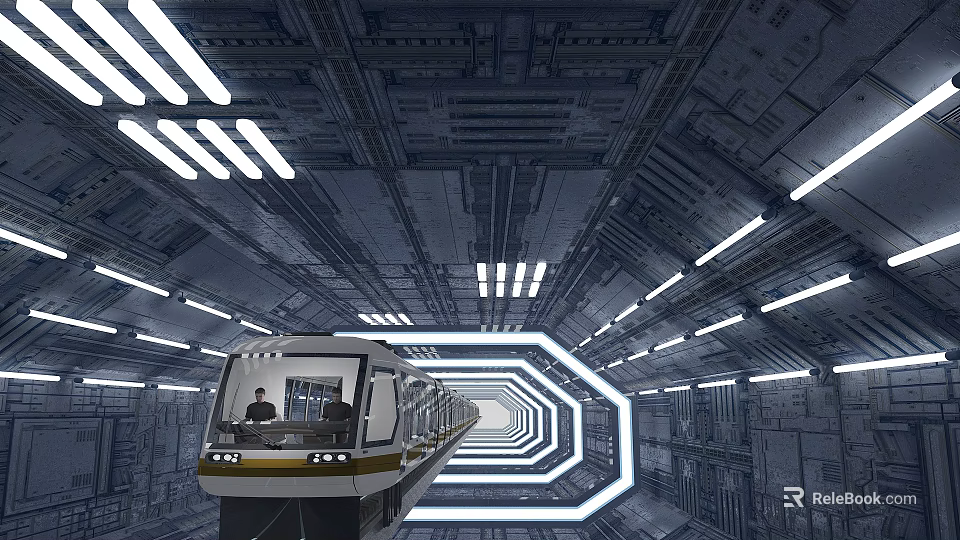 Cartoon Scene Of Futuristic Subway Train In Metallic Tunnel With Bright Lights 3d model 