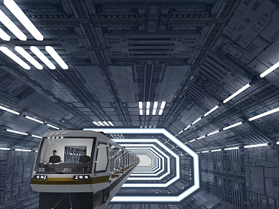 Cartoon Scene Of Futuristic Subway Train In Metallic Tunnel With Bright Lights 3d model