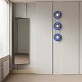 Three Blue Round Modern Wall Lights Mounted On White Wall With Mirror And Window 3d model