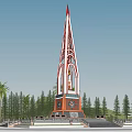 Tall Spire Tower With Decorative Base Surrounded By Palm Trees And Green Forest
