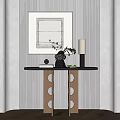 Minimalist Console Table Design With Wooden Legs Black Top Vase Green Plant And Striped Wall