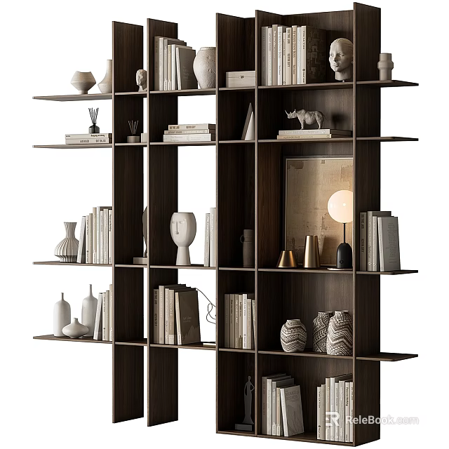 Stylish Decorative Ornaments Set On Wooden Shelving With Books Vases Figurines And Lamps 3d model 