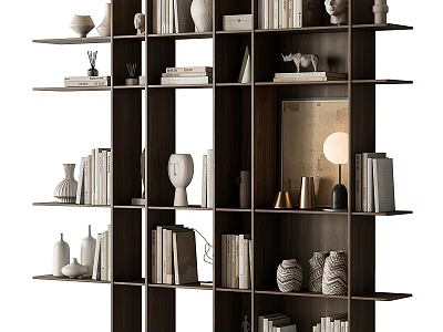 Stylish Decorative Ornaments Set On Wooden Shelving With Books Vases Figurines And Lamps 3d model