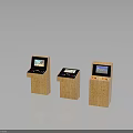 Retro Style Three Wooden Arcade Machines With Screens And Control Panels