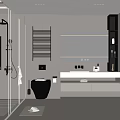 Modern Bathroom Interior With Open Shower Smart Toilet Marble Countertop Recessed Lighting And Gray Tones