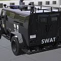 Black Special Police Car with Blue Police Lights and Protective Front Grille on Urban Street