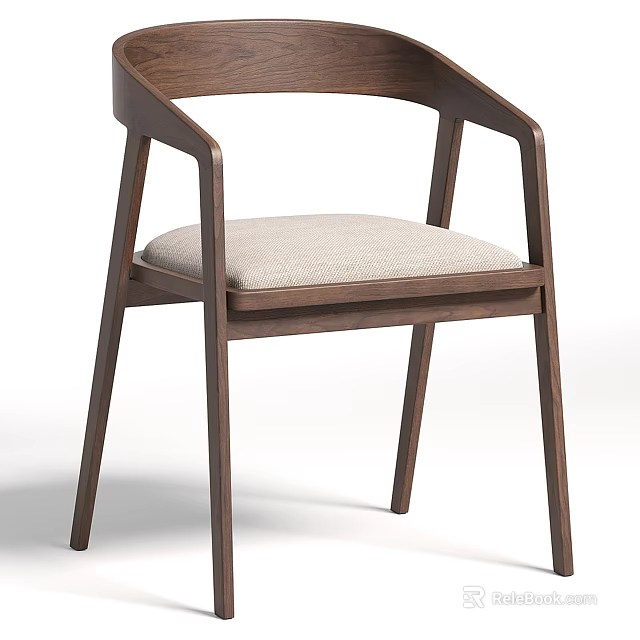 Modern Walnut Wooden Frame Dining Chair With Armrest And Light Colored Upholstered Seat 3d model 