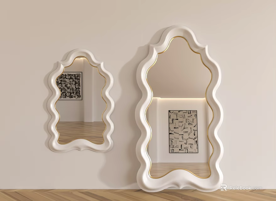 Modern Decorative Wall Mirrors With White Scalloped Frames Reflecting Artwork And Wooden Floor 3d model 