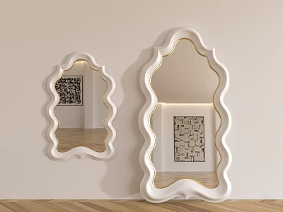Modern Decorative Wall Mirrors With White Scalloped Frames Reflecting Artwork And Wooden Floor 3d model