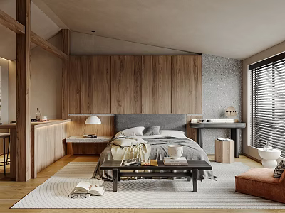 Modern Bedroom With Wooden Wall Panels Gray Headboard Sofa By Window And Area Rug 3d model