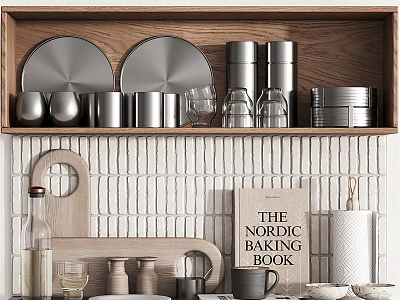 Nordic Kitchenware Display on Wooden Shelf with Metal Plates Cups and Baking Book 3d model