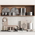 Nordic Kitchenware Display on Wooden Shelf with Metal Plates Cups and Baking Book