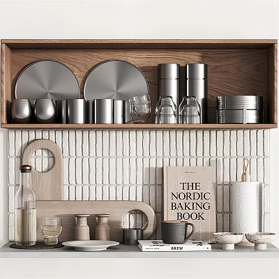 Nordic Kitchenware Display on Wooden Shelf with Metal Plates Cups and Baking Book 3d model