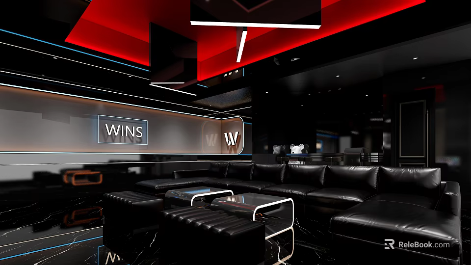 Modern KTV Lounge Interior With Black Leather Sofas Red Accent Lighting And LED Screens 3d model 
