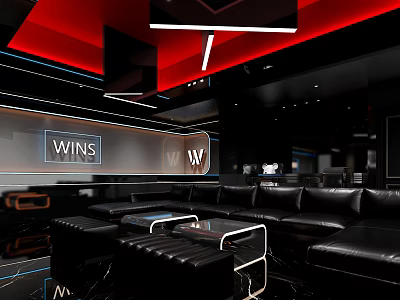 Modern KTV Lounge Interior With Black Leather Sofas Red Accent Lighting And LED Screens 3d model