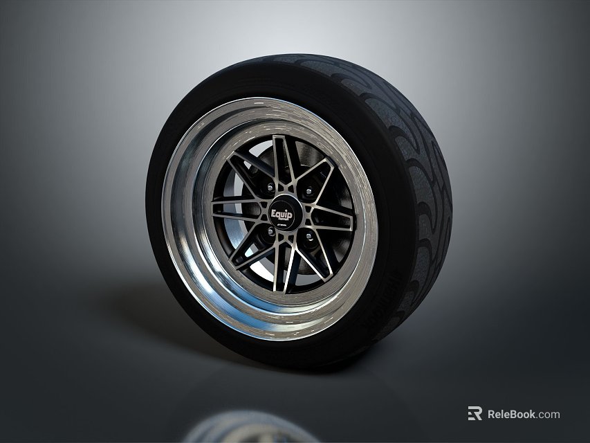 Black Car Tire With Silver Alloy Wheel Rim And Spoke Tread Design 3d model 