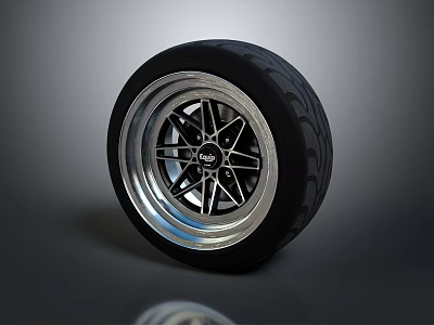 Black Car Tire With Silver Alloy Wheel Rim And Spoke Tread Design 3d model