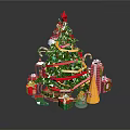 Christmas Tree Decorated With Red Star Ribbons Gift Boxes And Candy Canes