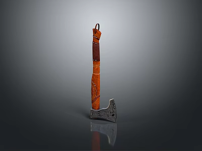 Traditional Decorative Axe With Orange Brown Wooden Handle Carved Patterns And Metal Head 3d model