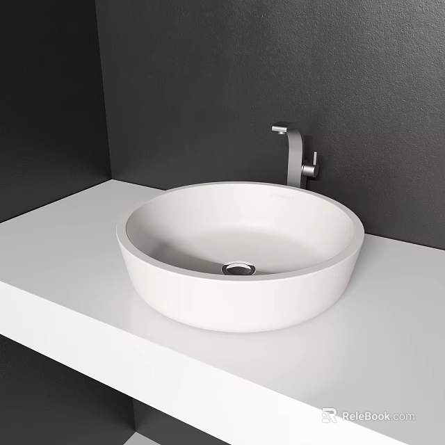 Modern White Washbasin On White Countertop Against Black Wall With Silver Faucet 3d model 