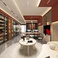 Modern Red Wall Store Interior With Tables Chairs TV Screen And Sofa 3d model