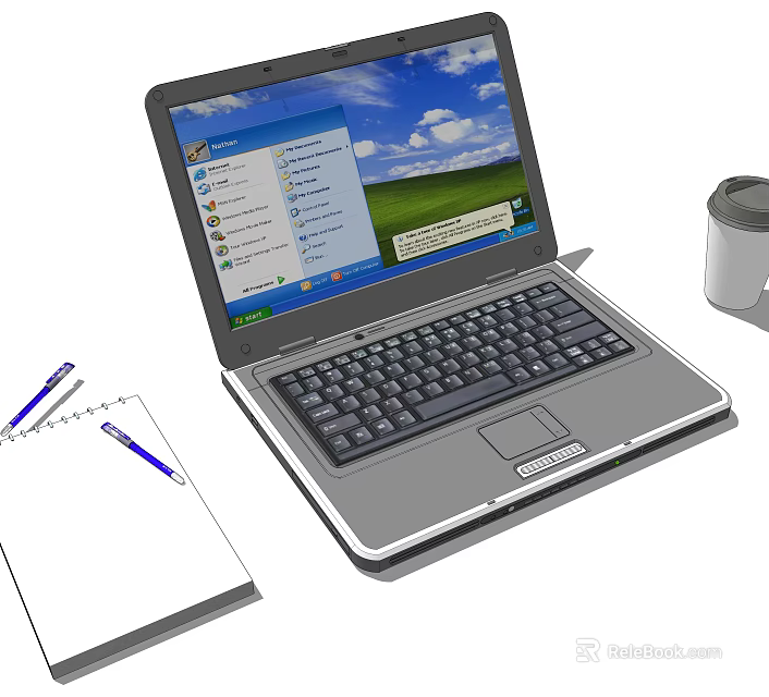 Open Laptop Computer With Desktop Screen Notebook And Pen On Workspace 3d model 