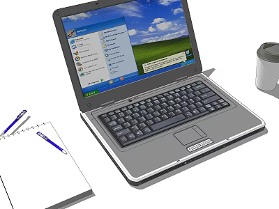 Open Laptop Computer With Desktop Screen Notebook And Pen On Workspace 3d model