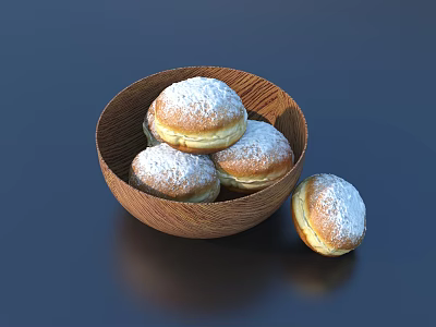 Fresh Powdered Sugar Doughnuts in a Wooden Bowl with One Extra on the Side 3d model