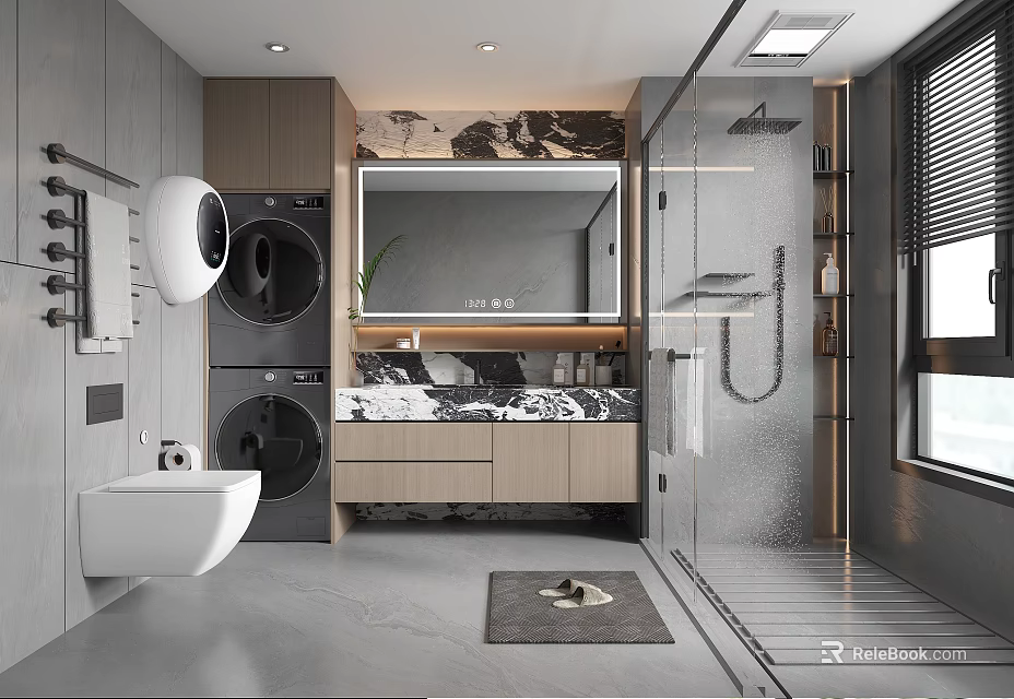 Modern Bathroom Interior Design With Marble Countertop Shower Mirror And Washing Machine 3d model 