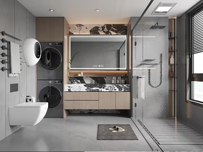 Modern Bathroom Interior Design With Marble Countertop Shower Mirror And Washing Machine 3d model