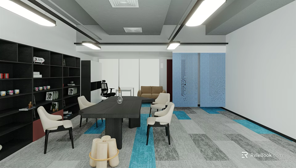 Modern Office Interior Design With Meeting Table Chairs Bookshelf Sofa And Patterned Carpet 3d model 