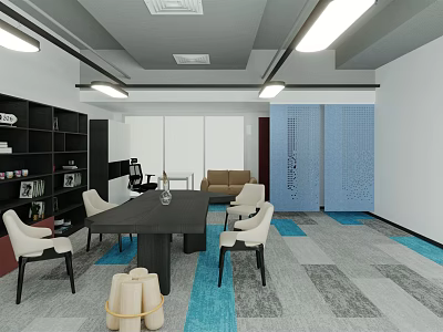Modern Office Interior Design With Meeting Table Chairs Bookshelf Sofa And Patterned Carpet 3d model