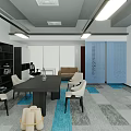 Modern Office Interior Design With Meeting Table Chairs Bookshelf Sofa And Patterned Carpet