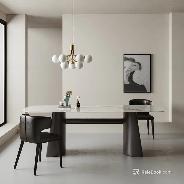 Modern Dining Table Set With White Tabletop Black Legs Black Chairs And Pendant Light 3d model 