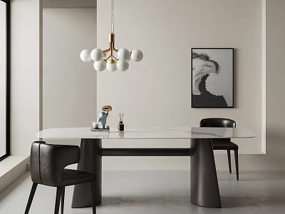 Modern Dining Table Set With White Tabletop Black Legs Black Chairs And Pendant Light 3d model