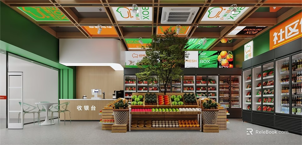 Fruit Store Interior Featuring Checkout Counter Fruit Displays Green Orange Decor Signs And Center Tree 3d model 
