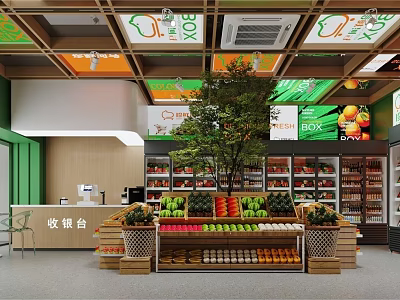 Fruit Store Interior Featuring Checkout Counter Fruit Displays Green Orange Decor Signs And Center Tree 3d model