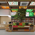 Fruit Store Interior Featuring Checkout Counter Fruit Displays Green Orange Decor Signs And Center Tree