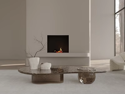 Modern Minimalist Marble Coffee Table with Fireplace Large Window and Decorative Branch 3d model