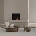 Modern Minimalist Marble Coffee Table with Fireplace Large Window and Decorative Branch