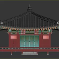 Cartoon Scene Featuring Traditional Red Building With Green Windows Black Tiled Roof And Decorative Eaves